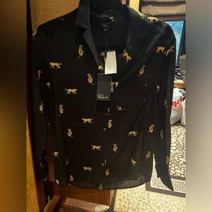 Rails Rosci Top in Black with Gold Jaguar Wild Cats Print Butyon Down Blouse